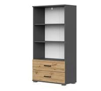 Komodee Bibliothèque FAUSKE - 2 Tiroirs - Chêne - Gris - Largeur 69 cm, Hauteur 130 cm, Profondeur 34 cm