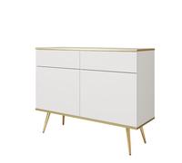 Komodee Buffet Banff KSZ107 - Blanche - Pieds dorés - 2 tiroirs - Largeur 107 cm, Hauteur 85 cm, Profondeur 39 cm