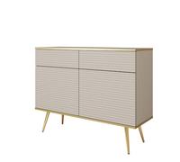 Komodee Buffet Banff KSZ107 MDF - Beige - Pieds dorés - Façades rainurées - 2 tiroirs - Largeur 107 cm, Hauteur 85 cm, Profondeur 39 cm