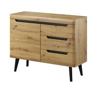 Komodee Buffet SUDBURRY NKSZ107 - Chêne - Accessoires Noirs - 3 Tiroirs - Largeur 107 cm, Hauteur 83 cm, Profondeur 40 cm