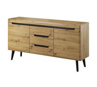 Komodee Buffet SUDBURRY NKSZ160 - Chêne - Accessoires Noirs - 3 Tiroirs - Largeur 160 cm, Hauteur 83 cm, Profondeur 40 cm