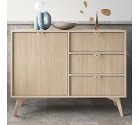 Komodee Buffet Tofino - Chêne - Beige - Poignées métalliques - Pieds en Bois - 3 tiroirs - Largeur 106 cm, Hauteur 80 cm, Profondeur 38 cm