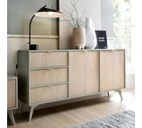 Komodee Buffet Tofino - Chêne - Vert - Poignées en métal - 3 tiroirs - Largeur 158 cm, Hauteur 80 cm, Profondeur 38 cm