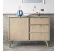 Komodee Buffet Tofino - Chêne - Vert - Poignées en métal - Pieds en Bois - 3 tiroirs - Largeur 106 cm, Hauteur 80 cm, Profondeur 38 cm