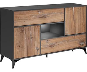 Komodee, Commode Buffet Orvieto 4D, Chêne Anthracite, Largeur 89cm x Hauteur 149,5cm x Profondeur 40cm, LED, pour Salon , Chambre