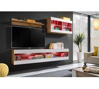 Komodee, Ensemble, Bibliothèque, Tivoli SET6, Wotan/Blanc, Largeur 200cm x Hauteur 195cm x Profondeur 35cm, LED RGB, pour Salon, Chambre
