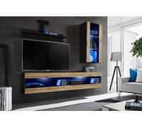 Komodee, Ensemble de Meubles, Tivoli SET5, Noir/Wotan, Largeur 200cm x Hauteur 195cm x Profondeur 35cm, LED Bleu, for Salon, Chambre