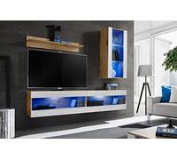 Komodee, Ensemble de Meubles, Tivoli SET5, Wotan/Blanc, Largeur 200cm x Hauteur 195cm x Profondeur 35cm, LED Bleu, pour Salon, Chambre à Coucher
