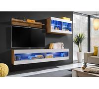 Komodee, Ensemble de Meubles, Tivoli SET6, Wotan/Blanc, Largeur 200cm x Hauteur 195cm x Profondeur 35cm, LED Bleu, pour Salon, Chambre à Coucher