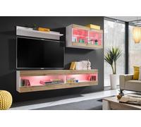 Komodee, Ensemble, Meuble de Rangement, Tivoli SET6, Blanc/Wotan, Largeur 200cm x Hauteur 195cm x Profondeur 35cm, LED RGB, pour Salon, Chambre à Coucher