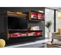 Komodee, Ensemble, Meuble de Rangement, Tivoli SET6, Wotan/Noir, Largeur 200cm x Hauteur 195cm x Profondeur 35cm, LED RGB, pour Salon, Chambre à Coucher