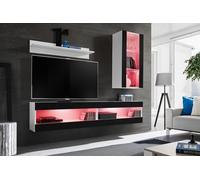 Komodee, Ensemble, Meuble Mural, Tivoli SET5, Blanc/Noir, Largeur 200cm x Hauteur 195cm x Profondeur 35cm, LED RGB, pour Salon, Chambre