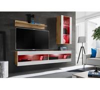 Komodee, Ensemble, Meuble Mural, Tivoli SET5, Wotan/Blanc, Largeur 200cm x Hauteur 195cm x Profondeur 35cm, LED RGB, pour Salon, Chambre