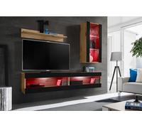 Komodee, Ensemble, Meuble Mural, Tivoli SET5, Wotan/Noir, Largeur 200cm x Hauteur 195cm x Profondeur 35cm, LED RGB, pour Salon, Chambre