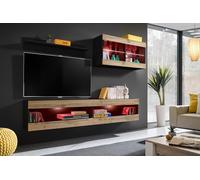 Komodee, Ensemble, Meuble Mural, Tivoli SET6, Noir/Wotan, Largeur 200cm x Hauteur 195cm x Profondeur 35cm, LED RGB, pour Salon, Chambre