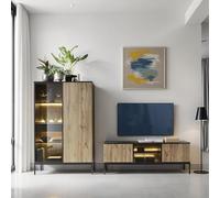 Komodee Ensemble de Meubles de Salon Laval, Noir, chêne wotan, éclairage LED, Largeur 257 cm, Profondeur 39 cm, Hauteur 126 cm