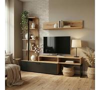 Komodee Ensemble TV Molde Chene Wotan/Noir 251x174x37 cm | Ensemble de Meubles MOLDE - Étagère en ensemble - Chêne Wotan - Noir - Largeur 251 cm, Hauteur 174 cm, Profondeur 37 cm