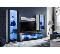 Komodee Ensemble TV Tivoli Medio A1 Blanc/Noir 250x159x35 cm | Ensembles de meubles Tivoli Medio, Blanc Noir, Largeur 250cm x Hauteur 159cm x Profondeur 35cm, LED bleues, pour Salon