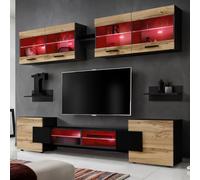 Komodee, Ensembles de Meubles RTV Foggia, Wotan Noir, Largeur 230cm x Hauteur 195cm x Profondeur 35cm, LED RGB, pour Salon, Chambre