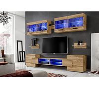 Komodee, Ensembles de Meubles RTV Foggia, Wotan Wotan, Largeur 230cm x Hauteur 195cm x Profondeur 35cm, LED Bleues, pour Salon, Chambre