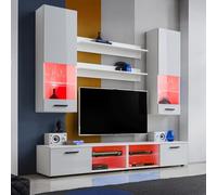 Komodee, Ensembles de Meubles RTV Varallo, Blanc Blanc, Largeur 200cm x Hauteur 195cm x Profondeur 45cm, LED RGB, pour Salon, Chambre