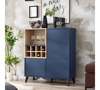 Buffet Bas Komodee FONDI, Avec Casier a Vin, Bleu, Bois Clair, 90 x 35 x 102 cm