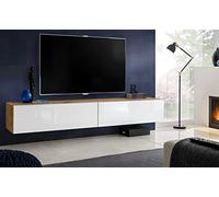 Komodee, Meuble Banc TV Loreto, Blanc Wotan, Largeur 200 cm x Hauteur 30 cm x Profondeur 41,5 cm, Style Moderne, Minimaliste, pour Salon, Chambre