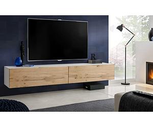Komodee, Meuble Banc TV Loreto, Wotan Blanc, Largeur 200 cm x Hauteur 30 cm x Profondeur 41,5 cm, Style Moderne, Minimaliste, pour Salon, Chambre