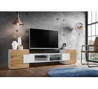 Komodee, Meuble Banc TV Merano, Blanc Blanc Wotan, Largeur 230 cm x Hauteur 52,5 cm x Profondeur 35 cm, sans LED, pour Salon, Chambre