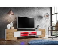 Komodee, Meuble Banc TV Merano, Blanc Blanc Wotan, Largeur 230 cm x Hauteur 52,5 cm x Profondeur 35 cm, LED RGB, pour Salon, Chambre