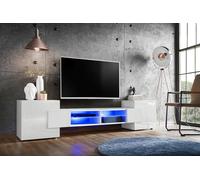 Komodee, Meuble Banc TV Merano, Blanc, Largeur 230 cm x Hauteur 52,5 cm x Profondeur 35 cm, LED Bleues, pour Salon, Chambre