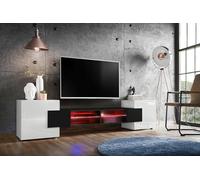 Komodee, Meuble Banc TV Merano, Blanc Noir Blanc, Largeur 230 cm x Hauteur 52,5 cm x Profondeur 35 cm, LED RGB, pour Salon, Chambre