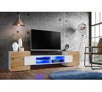 Komodee, Meuble Banc TV Merano, Blanc Blanc Wotan, Largeur 230 cm x Hauteur 52,5 cm x Profondeur 35 cm, sans LED, pour Salon, Chambre