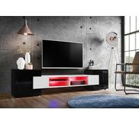 Komodee, Meuble Banc TV Merano, Noir Blanc Noir, Largeur 230 cm x Hauteur 52,5 cm x Profondeur 35 cm, LED RGB, pour Salon, Chambre
