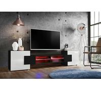 Komodee, Meuble Banc TV Merano, Noir Noir Blanc, Largeur 230 cm x Hauteur 52,5 cm x Profondeur 35 cm, LED RGB, pour Salon, Chambre