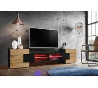 Komodee, Meuble Banc TV Merano, Noir Noir Wotan, Largeur 230 cm x Hauteur 52,5 cm x Profondeur 35 cm, LED RGB, pour Salon, Chambre
