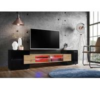 Komodee, Meuble Banc TV Merano, Noir Wotan Noir, Largeur 230 cm x Hauteur 52,5 cm x Profondeur 35 cm, LED RGB, pour Salon, Chambre