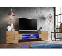 Komodee, Meuble Banc TV Merano, Wotan, Largeur 230 cm x Hauteur 52,5 cm x Profondeur 35 cm, LED Bleues, pour Salon, Chambre