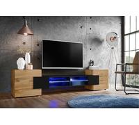 Komodee, Meuble Banc TV Merano, Wotan Noir Wotan, Largeur 230 cm x Hauteur 52,5 cm x Profondeur 35 cm, LED Bleues, pour Salon, Chambre