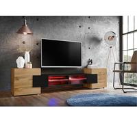 Komodee, Meuble Banc TV Merano, Wotan Noir Wotan, Largeur 230 cm x Hauteur 52,5 cm x Profondeur 35 cm, LED RGB, pour Salon, Chambre