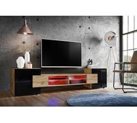 Komodee, Meuble Banc TV Merano, Wotan Wotan Noir, Largeur 230 cm x Hauteur 52,5 cm x Profondeur 35 cm, LED RGB, pour Salon, Chambre