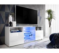 Komodee, Meuble Banc TV Urbino, Blanc Blanc, Largeur 140cm x Hauteur 53cm x Profondeur 35cm, LED Bleues, pour Salon, Chambre