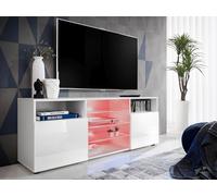Komodee, Meuble Banc TV Urbino, Blanc Blanc, Largeur 140cm x Hauteur 53cm x Profondeur 35cm, LED RGB, pour Salon, Chambre