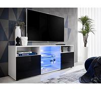Komodee, Meuble Banc TV Urbino, Blanc Noir, Largeur 140cm x Hauteur 53cm x Profondeur 35cm, LED Bleues, pour Salon, Chambre