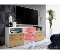 Komodee, Meuble Banc TV Urbino, Blanc Wotan, Largeur 140cm x Hauteur 53cm x Profondeur 35cm, LED RGB, pour Salon, Chambre