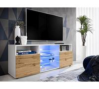 Komodee, Meuble Banc TV Urbino, Blanc Wotan, Largeur 140cm x Hauteur 53cm x Profondeur 35cm, sans LED, pour Salon, Chambre
