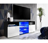 Komodee, Meuble Banc TV Urbino, Noir Blanc, Largeur 140cm x Hauteur 53cm x Profondeur 35cm, LED Bleues, pour Salon, Chambre