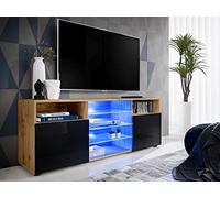 Komodee, Meuble Banc TV Urbino, Wotan Noir, Largeur 140cm x Hauteur 53cm x Profondeur 35cm, LED Bleues, pour Salon, Chambre