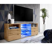Komodee, Meuble Banc TV Urbino, Wotan Wotan, Largeur 140cm x Hauteur 53cm x Profondeur 35cm, LED Bleues, pour Salon, Chambre