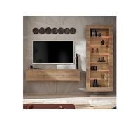 Komodee Meuble TV avec Vitrine Suspendue Como - Chene - Miel Truffe - LED RGB - 211 x 178 x 23 cm